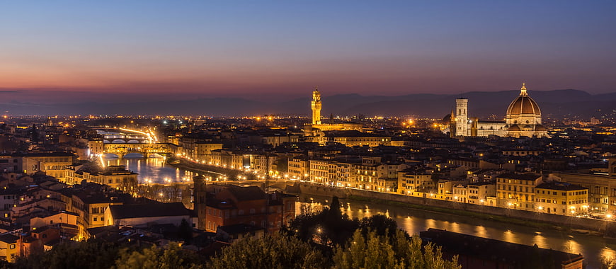 Panoramic Florence Skyline at Dusk with Duomo and Ponte Vecchio