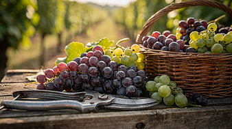 Fresh Harvested Grapes in Wicker Basket with Pruning Shears