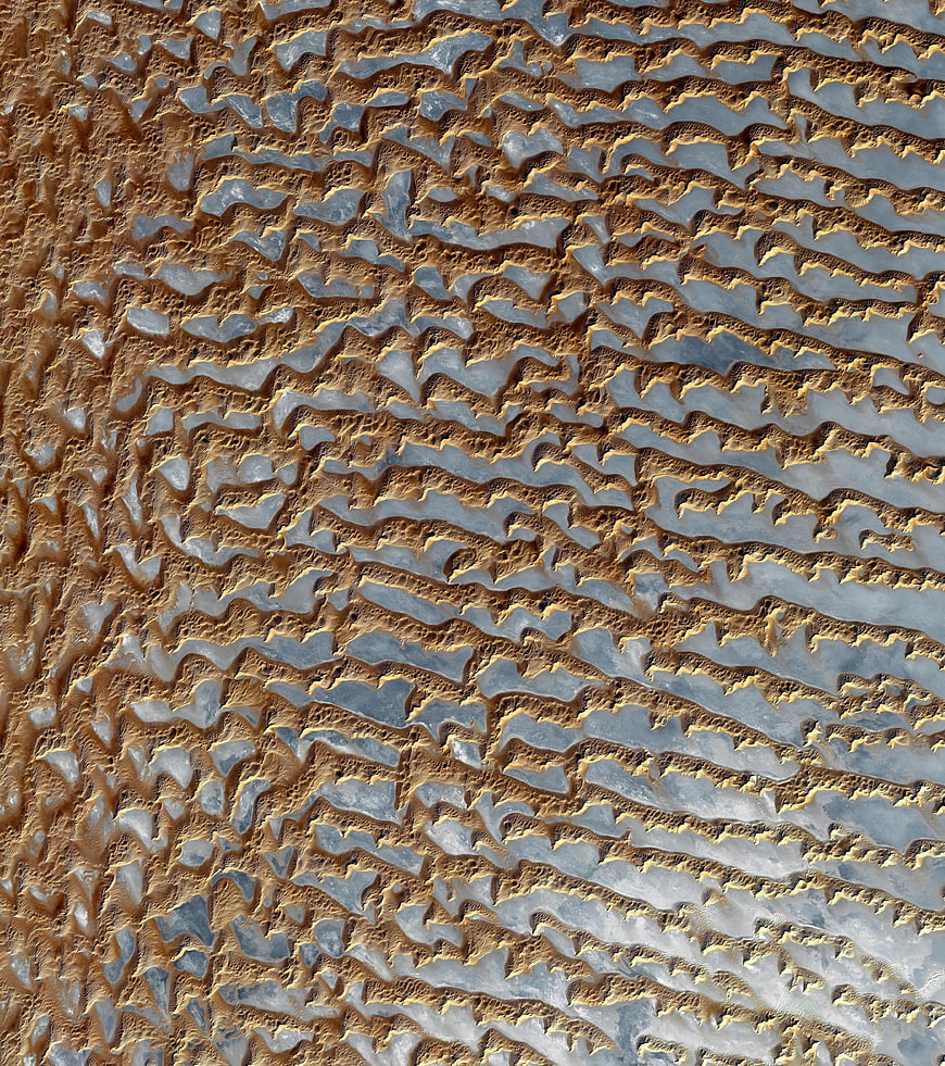 Aerial view of intricate sand dune patterns in Rub' al Khali desert