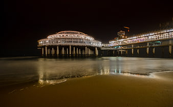 Scheveningen Pier Night Long Exposure Beach Reflection