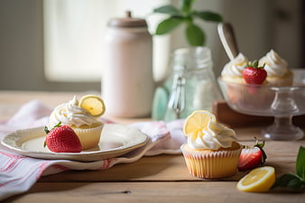Lemon and Strawberry Cupcakes on Rustic Wooden Table