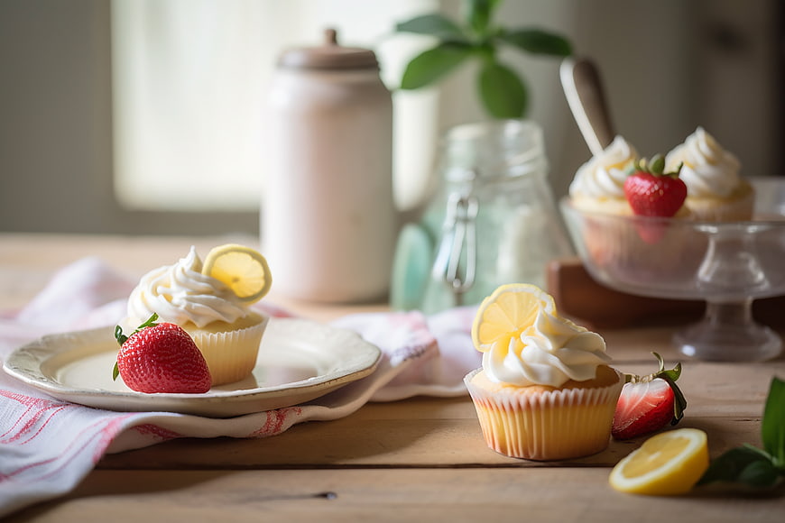 Lemon and Strawberry Cupcakes on Rustic Wooden Table