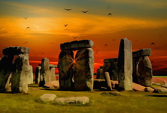 Digital Art of Stonehenge at Sunset with Birds