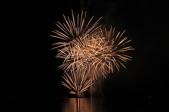 Golden Fireworks Display Over Dark Water At Night