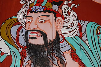 Traditional Asian Temple Guardian Deity Painting