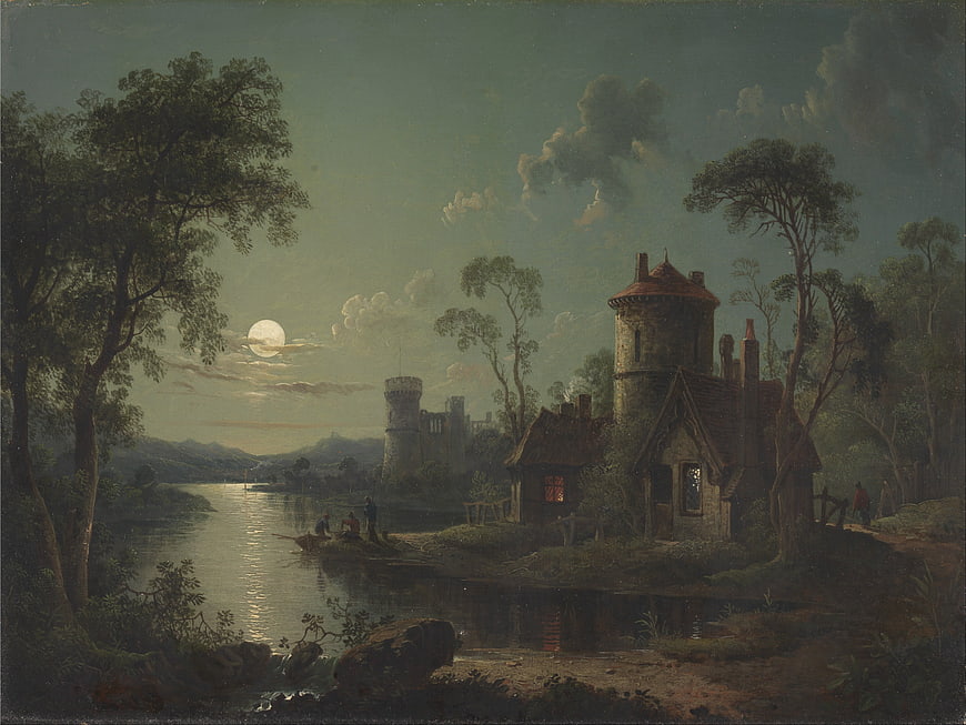 Moonlit River Landscape with Castle and Cottage Painting