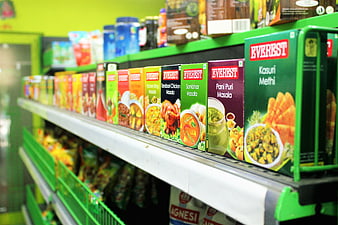 Everest spice boxes on supermarket shelf