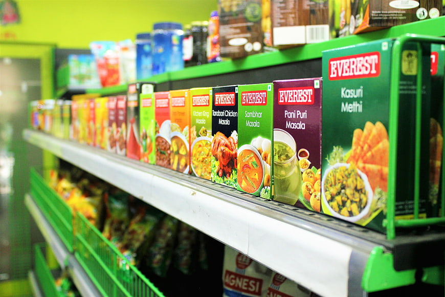 Everest spice boxes on supermarket shelf