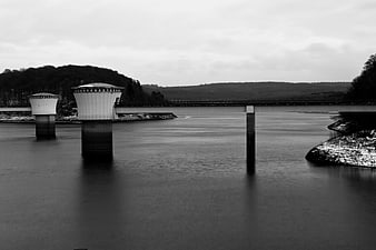 Black and white long exposure of Kielder Water dam