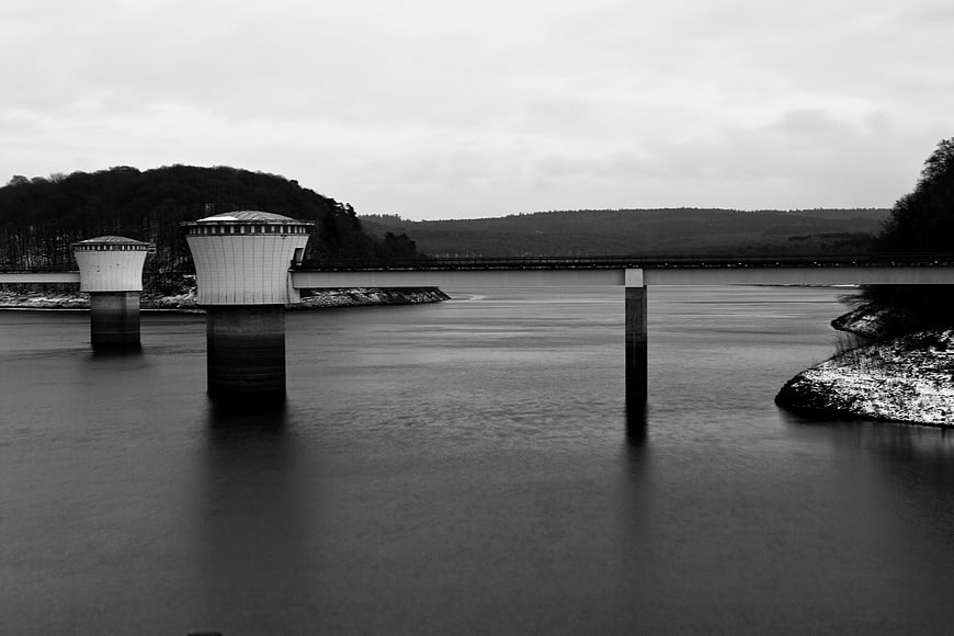 Black and white long exposure of Kielder Water dam