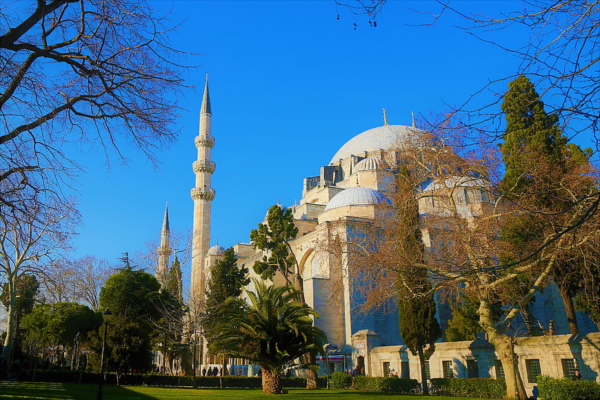 Süleymaniye Mosque in Istanbul with Minarets and Blue Sky