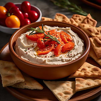 Creamy Hummus with Roasted Tomatoes and Pita Bread