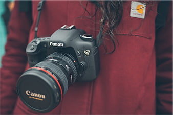 Close-up of Canon EOS 7D DSLR Camera on Red Jacket