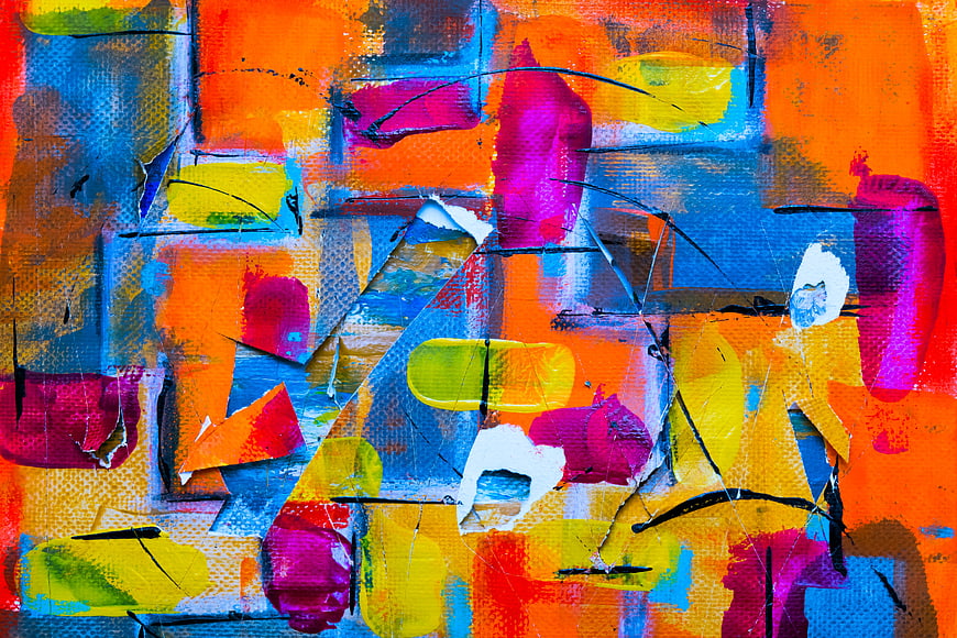 Vibrant Abstract Mixed Media Art with Collage and Paint