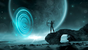 Sci-fi female archer aiming at glowing portal on alien planet