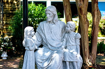 Granite Statue of Jesus with Children in Garden