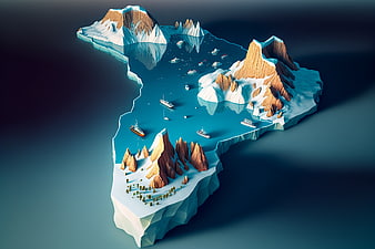 Isometric 3D Render of Antarctica with Mountains and Boats