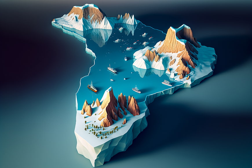 Isometric 3D Render of Antarctica with Mountains and Boats