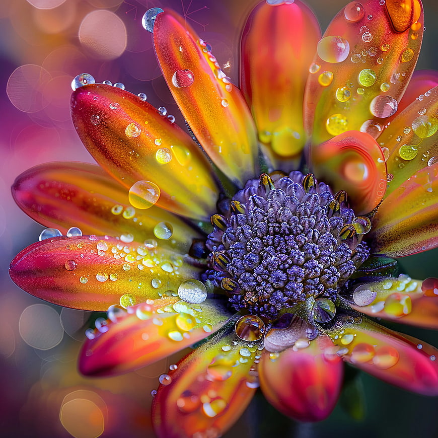 Vibrant Macro Flower with Water Droplets and Bokeh Background