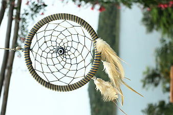 Bohemian Dreamcatcher with Feathers Hanging Outdoors