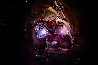 American football player in dynamic neon cosmic action pose