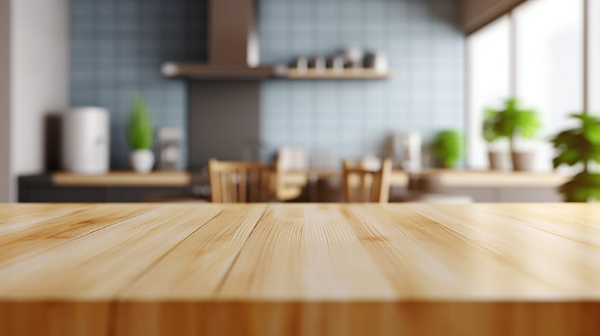 Empty wooden table surface with blurred modern kitchen background
