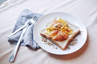 Smoked Salmon and Scrambled Egg Toast on White Plate