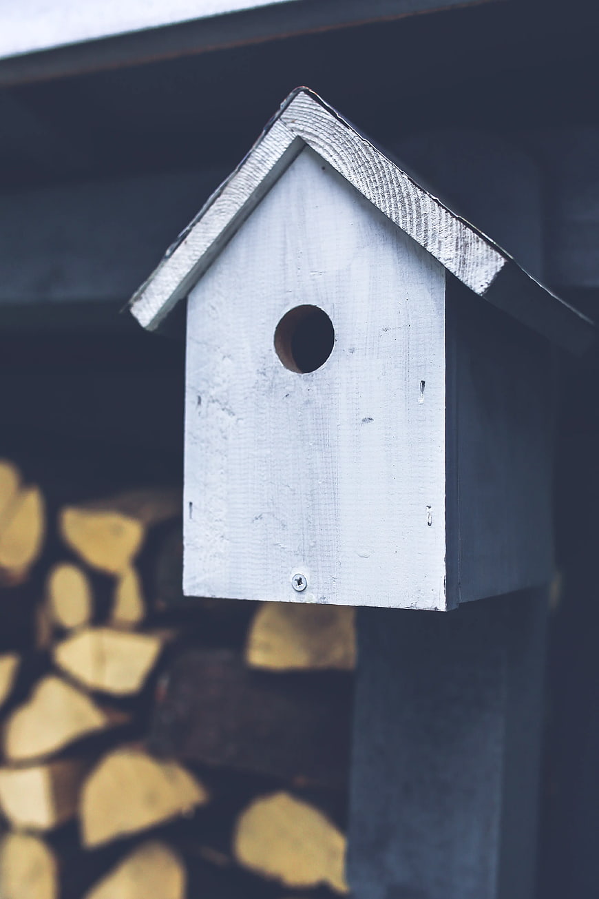 White wooden birdhouse with stacked firewood background