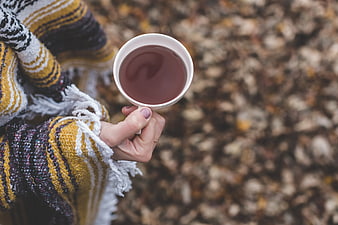 Woman holding warm tea cup in autumn sweater
