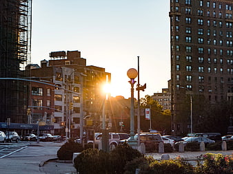 Sunset over Brooklyn Cityscape with Traffic and Buildings