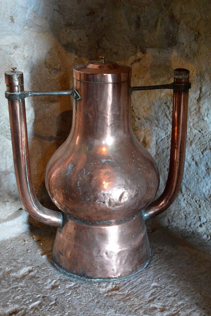 Antique Copper Samovar on Stone Shelf