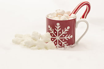 Red Christmas Mug With Marshmallows, Candy Cane, And Snow