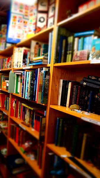 Colorful Books on Wooden Library Shelves