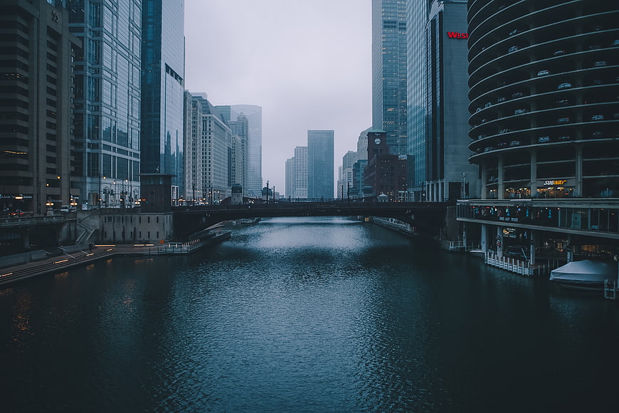 Chicago River Cityscape at Dusk with Skyscrapers