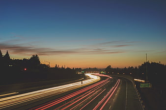 Long Exposure Highway Traffic Light Trails at Sunset