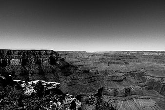 Black and white panoramic view of Grand Canyon landscape