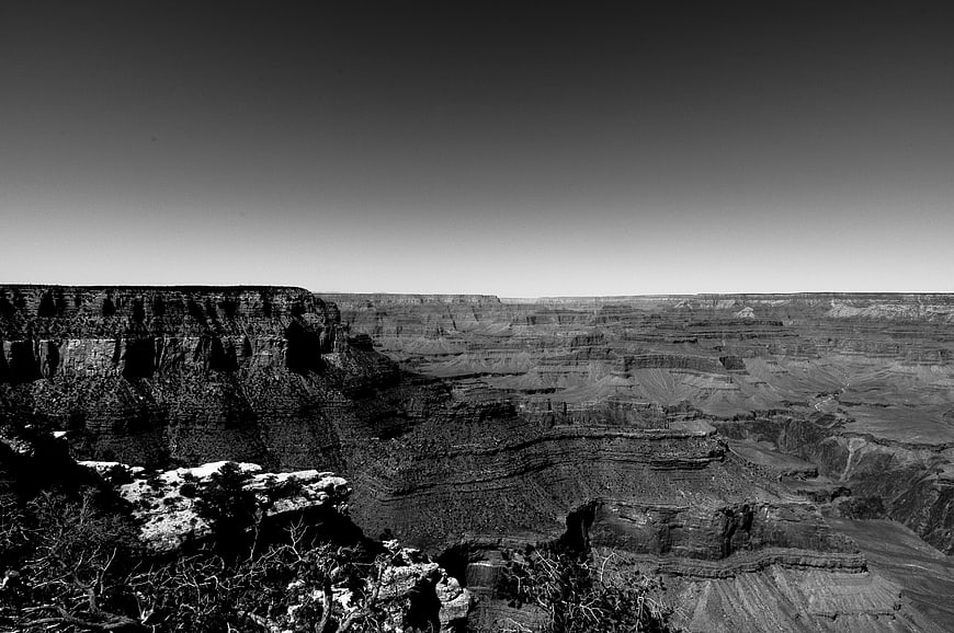 Black and white panoramic view of Grand Canyon landscape