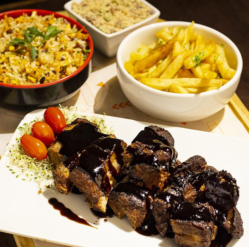 Saucy BBQ Ribs with Fries and Rice Meal