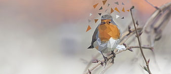 Low Poly Robin Bird on Branch with Geometric Art