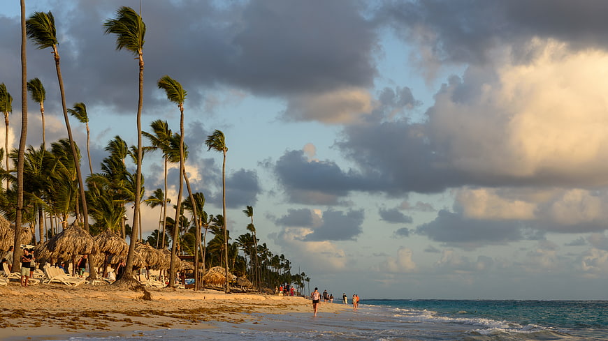 Tropical beach sunset with palm trees and dramatic clouds
