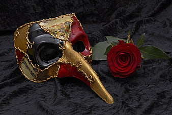 Venetian plague doctor mask with red rose on black velvet