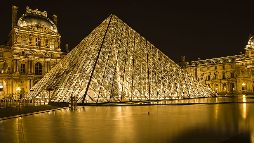Louvre Pyramid at Night in Paris, France