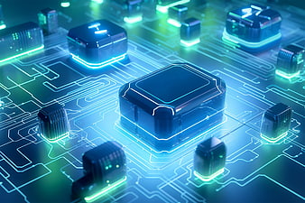 Futuristic glowing microchip on circuit board technology concept