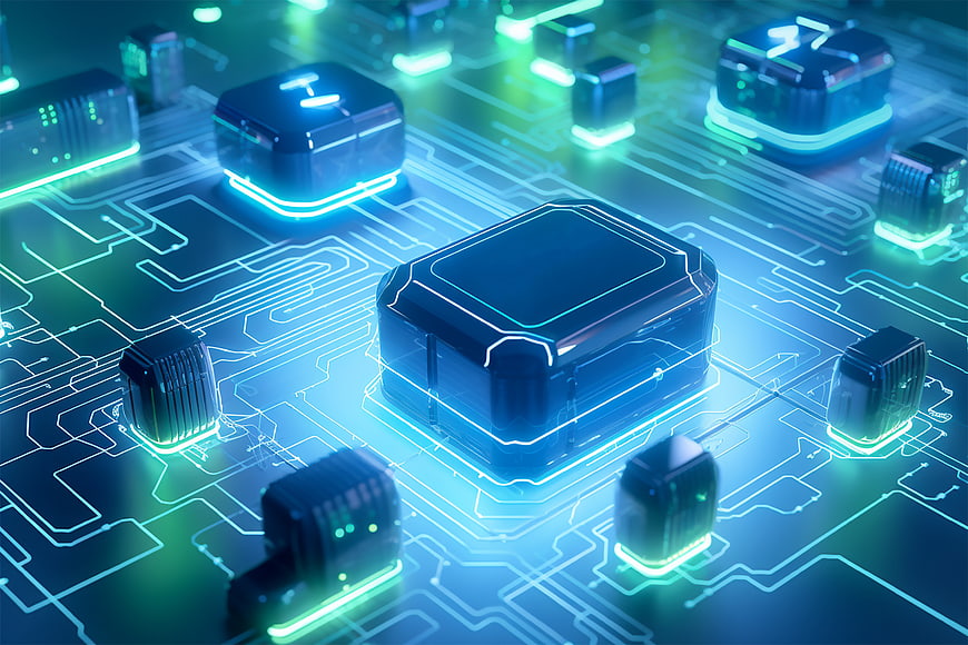 Futuristic glowing microchip on circuit board technology concept