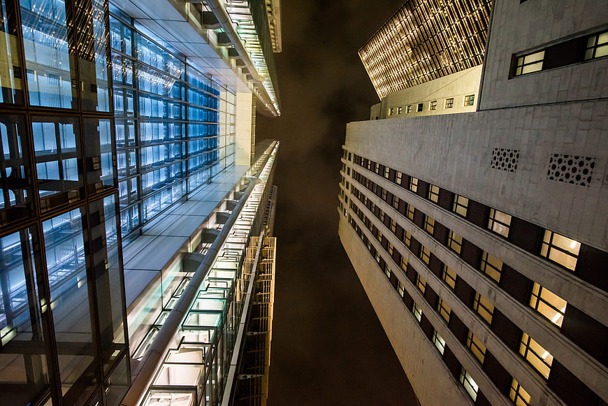 Low Angle Night View of Modern Skyscrapers in Urban City