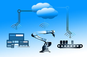 Industrial IoT Concept Illustration With Robotic Arm And Cloud Network