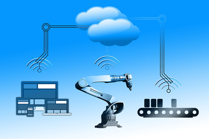 Industrial IoT Concept Illustration With Robotic Arm And Cloud Network