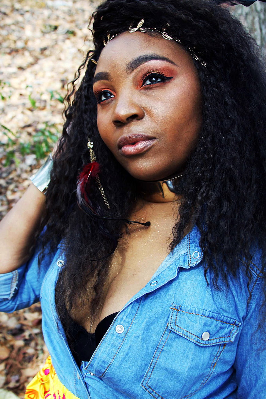Portrait of Woman with Boho Makeup and Denim Shirt