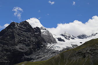 Majestic Alpine Peaks with Glacier and Blue Sky