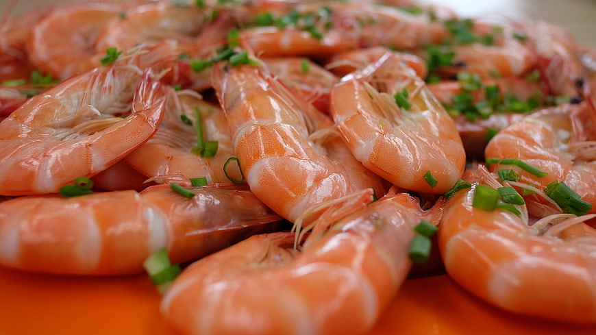 Close-up of cooked shrimp garnished with chopped green onions on an orange plate